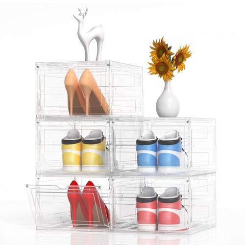 XL Large 5 Pack clear shoe Organizer storage boxes stackable Plastic Boxes Th...