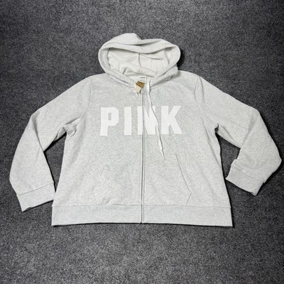 PINK Hoodie Womens XXL Gray Full Zip Fleece Sweatshirt Logo Victoria's Secret