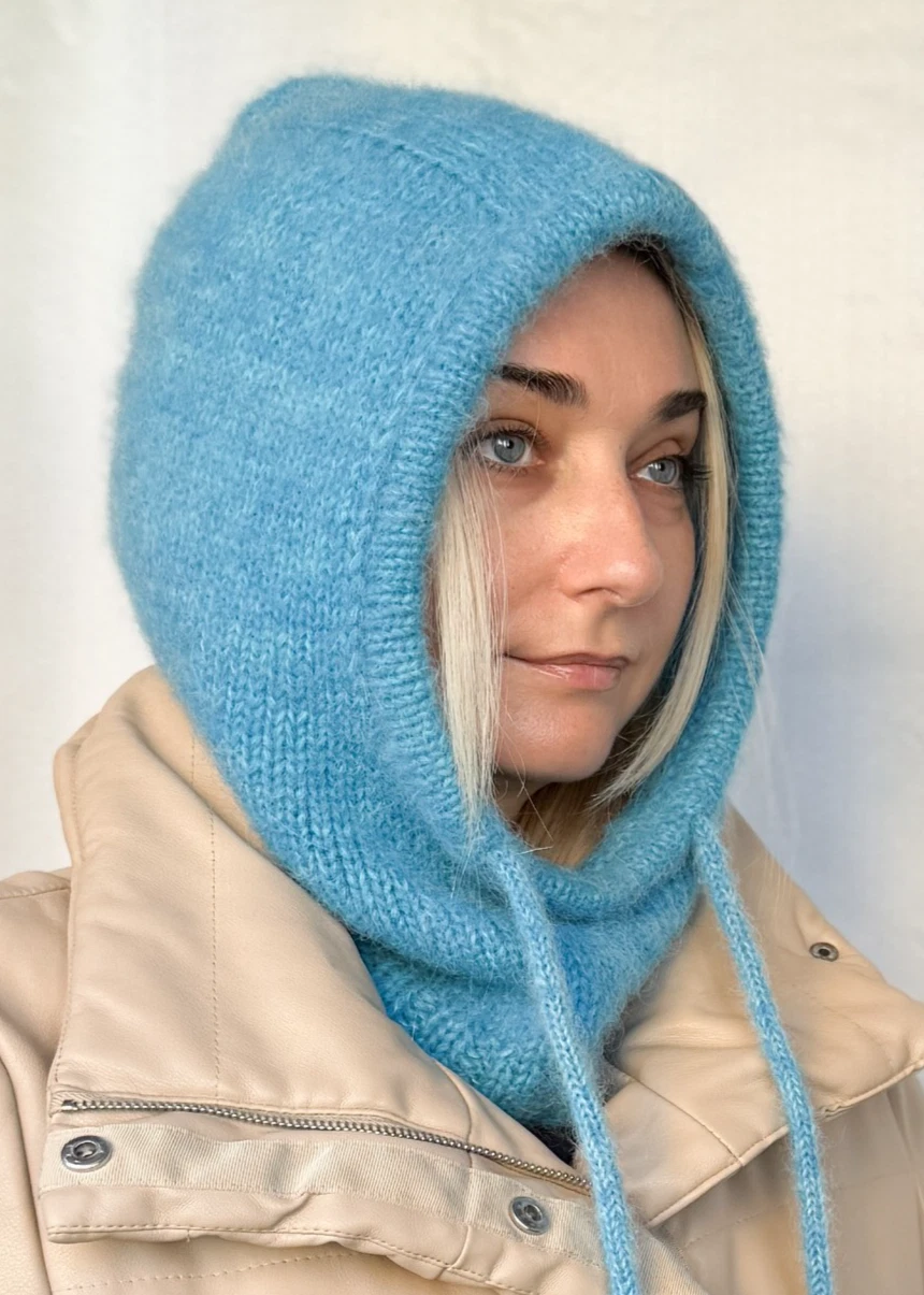 US Stock Blue melange Knitted Alpaca Balaclava Hood, Hooded cowl, Balaclava hood