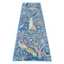 2'6"x7'7" Blue Peshawar Birds of Paradise Design Hand Knotted Wool Runner Rug