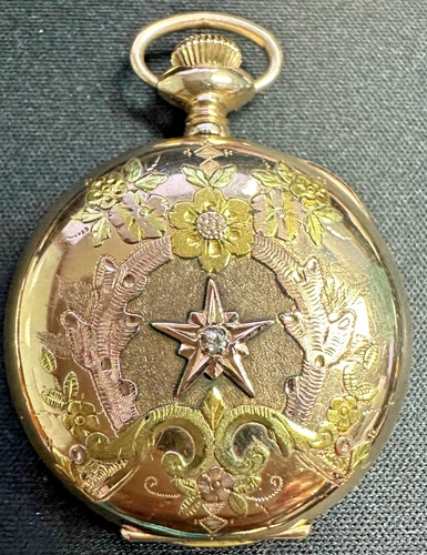 ANTIQUE 1905 ELGIN 14K GF TRI-COLORED POCKET WATCH WITH DIAMOND 0s, 7j, *WORKS*