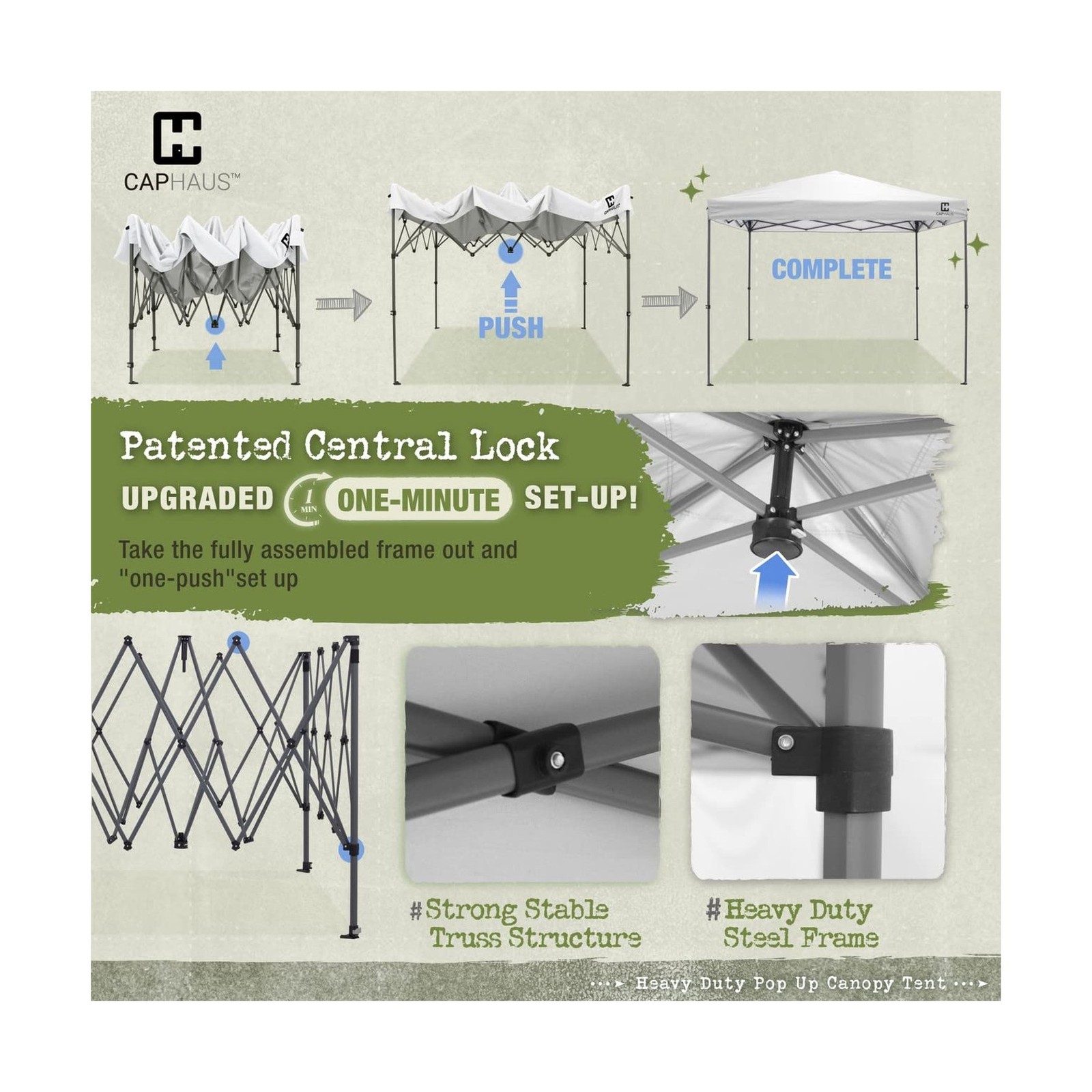 CAPHAUS 12ft x 12ft Patented One-Push Pop Up Outdoor Canopy Tent, Heavy-Duty ...