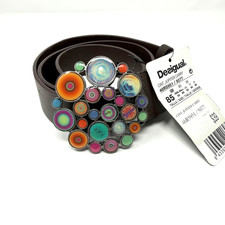 Desigual Jupiter Carry Leather Belt Artistic Circle Buckle Brown Womens 32