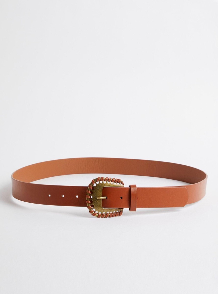 Torrid Whipstich Embellished Jean Faux Leather Belt Cognac Brown