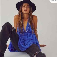 Free People Esme Halter Babydoll Mini Dress, Blue, Small, RRP $98