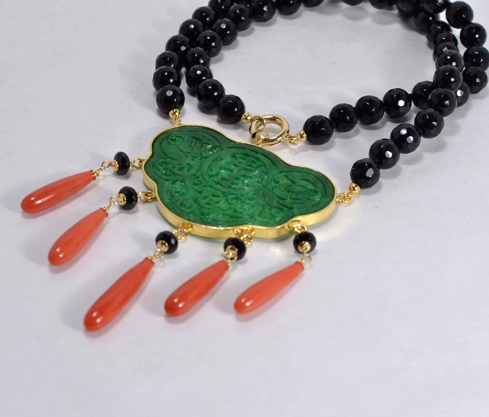 COLLANA ARGENTO 925 GIADA ONICE FACCETTATO  E PENDOLO CORALLO ROSSO    AGLN 0263 - Immagine 2 di 3