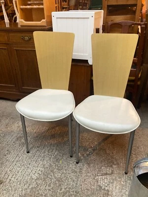 High Back Dining Chairs x 2 Cream Faux Leather Seats Wooden Metal Frame - Image 1 of 4