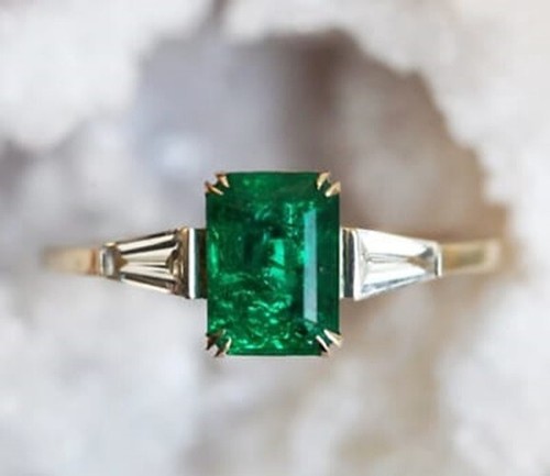 Art Deco Antique 3.60 Ct Green Emerald Vintage Wedding Ring 14K Yellow Gold FN - Picture 5 of 8