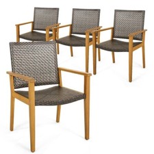 4 Pcs Outdoor Garden Rattan Dining Chair Set w/ Armrest Sturdy Acacia Wood Frame