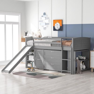 Low Twin Size Loft Bed with Cabinets Shelves and Slide Home Furniture for Kids