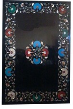 Piano Del Tavolo In Marmo Nero 36" X 24" Intarsio In Pietra Dura Marqueteria