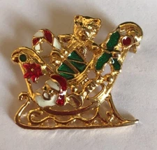 Vintage Enamel Santa Teddy Bear 1-1/2" Christmas Brooch Pin Jewelry K-87