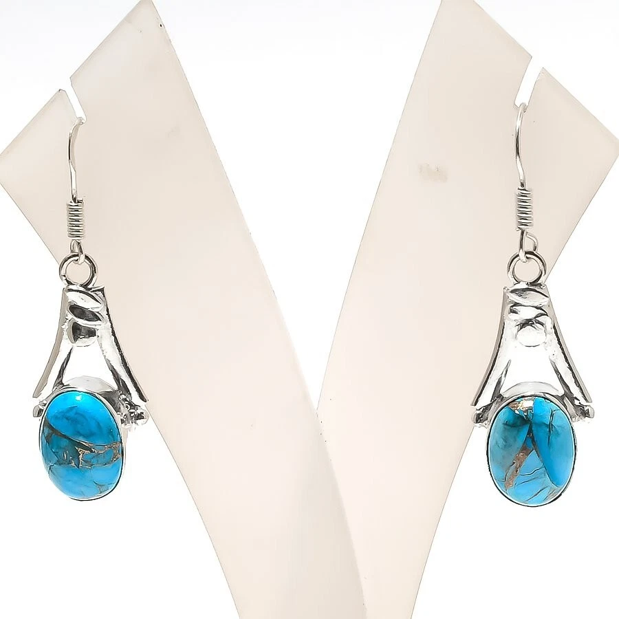 Copper Turquoise Gemstone Handmade 925 Sterling Silver Jewelry Earring Size 1.4" - Image 1 of 1