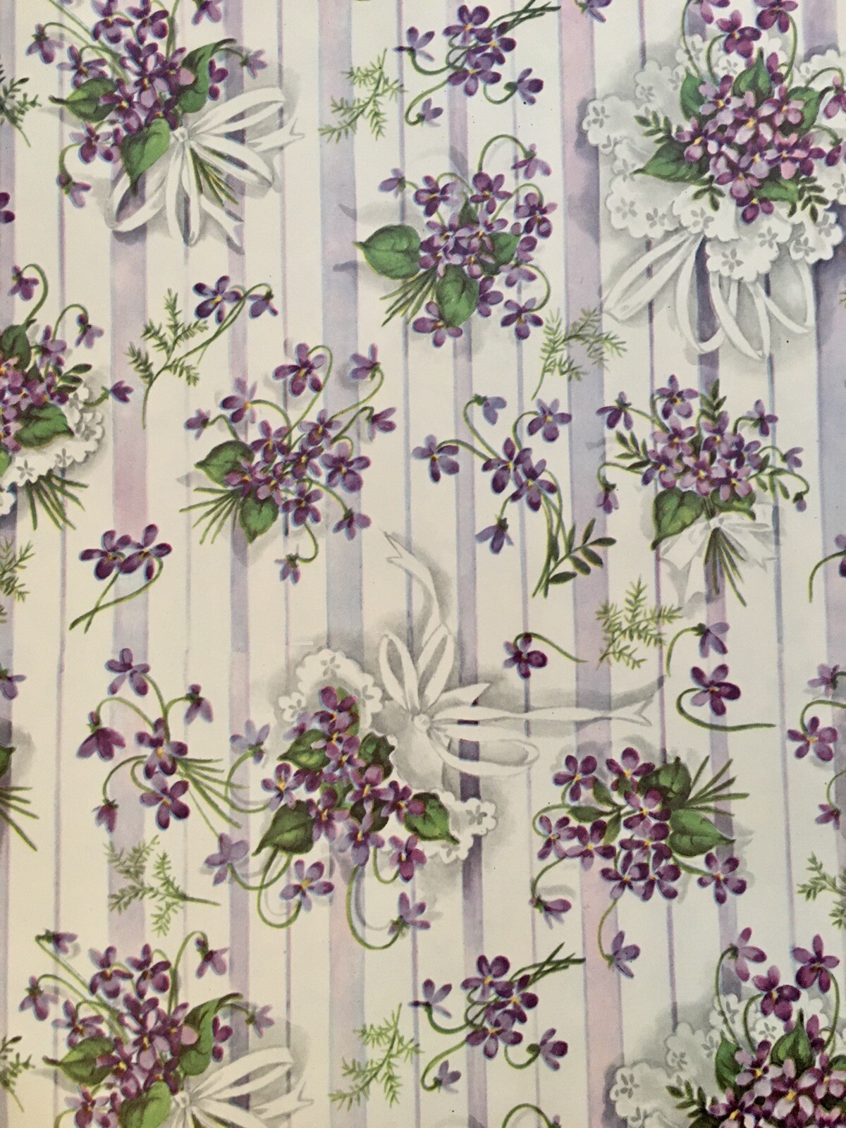VTG WRAPPING PAPER NOS GIFT WRAP ALL OCCASION PURPLE FLOWERS RIBBON STRIPES