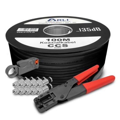 100m Satkabel schwarz 135dB + Kompressionszange Abisoliermesser + 10x F Stecker