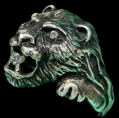HERREN RING LÖWENKOPF 925 SILBER BRÜNIERT STEINE IN AUGEN UND MUND 9,23GR