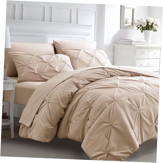 7pc Comforter Set with Sheets, 7 Piece Pintuck Bed in a Bag Ivory Queen Beige