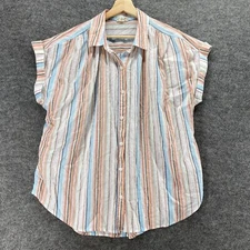 A New Approach Shirt Women L Large White Striped Button Up Collared Short Sleeve