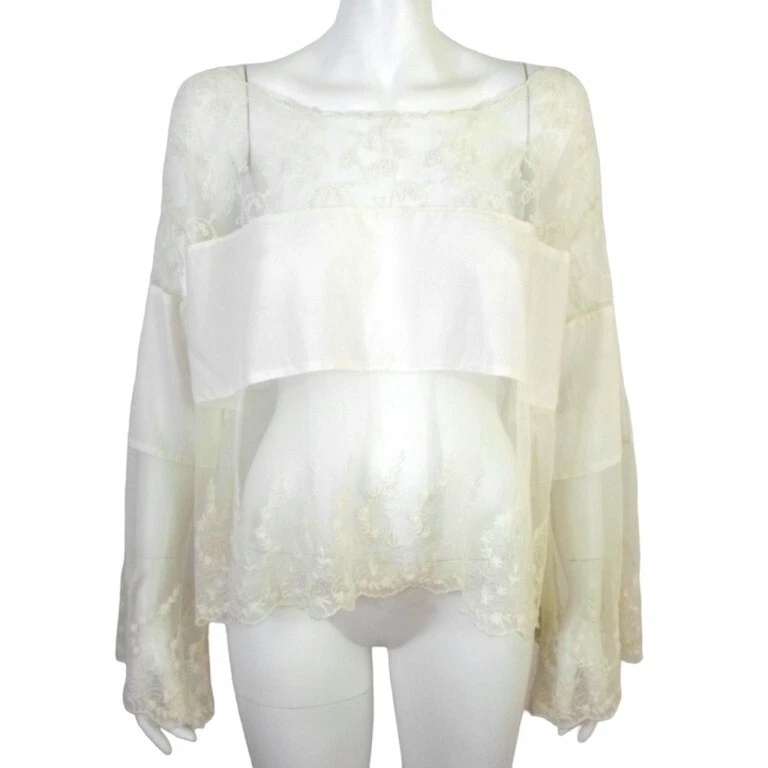 Blusa Free People Alas de Ángel Marfil Manga Campana Mujer M Malla Transparente Panel de Encaje