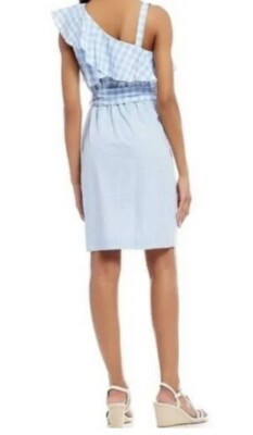 Calvin Klein One Shoulder Ruffle Tie Front Waist Gingham Sheath Dress, Womens, 14, Serene/white