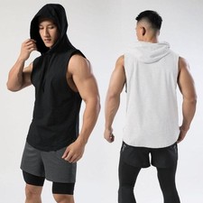 Gym Bodybuilding Men's Hooded Tank Tops T Shirt Sleeveless Vest Workout Hoodie