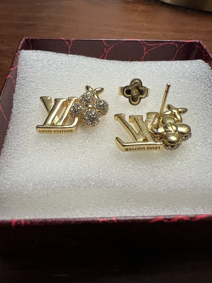 Louis Vuitton Gold Monogram LV & Crystal Accent Flower Stud Earrings - Image 2 of 4