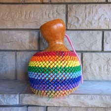 Handcrafted Rainbow Beaded Shekere - Gourd Rattle Latin Percussion Instrument