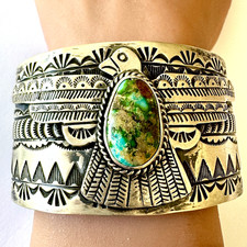 Wide Navajo Thunderbird Turquoise Cuff Bracelet 7in Charles Johnson 88g Stamped