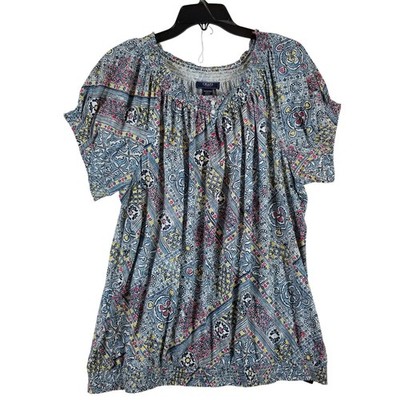 Chaps Denim Blouse Women 3X Blue Multi Boho Tile Print Smocked Hem New