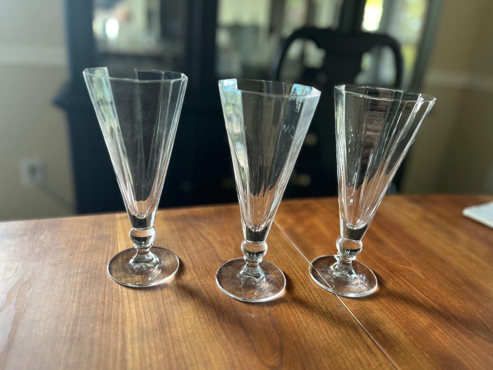 MCM Tall footed champagne pilsner glasses, faceted or paneled bowl, Set of 3
