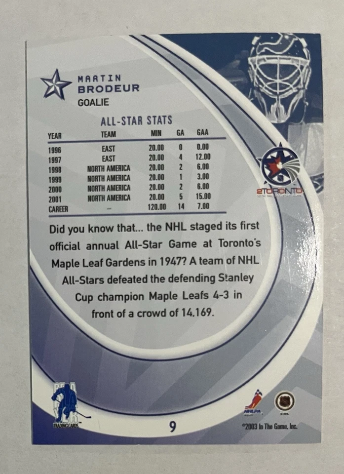 2002-03 ITG Be A Player All-Star Edition Martin Brodeur #9 All-Star Game 8/10 - Image 2 of 2