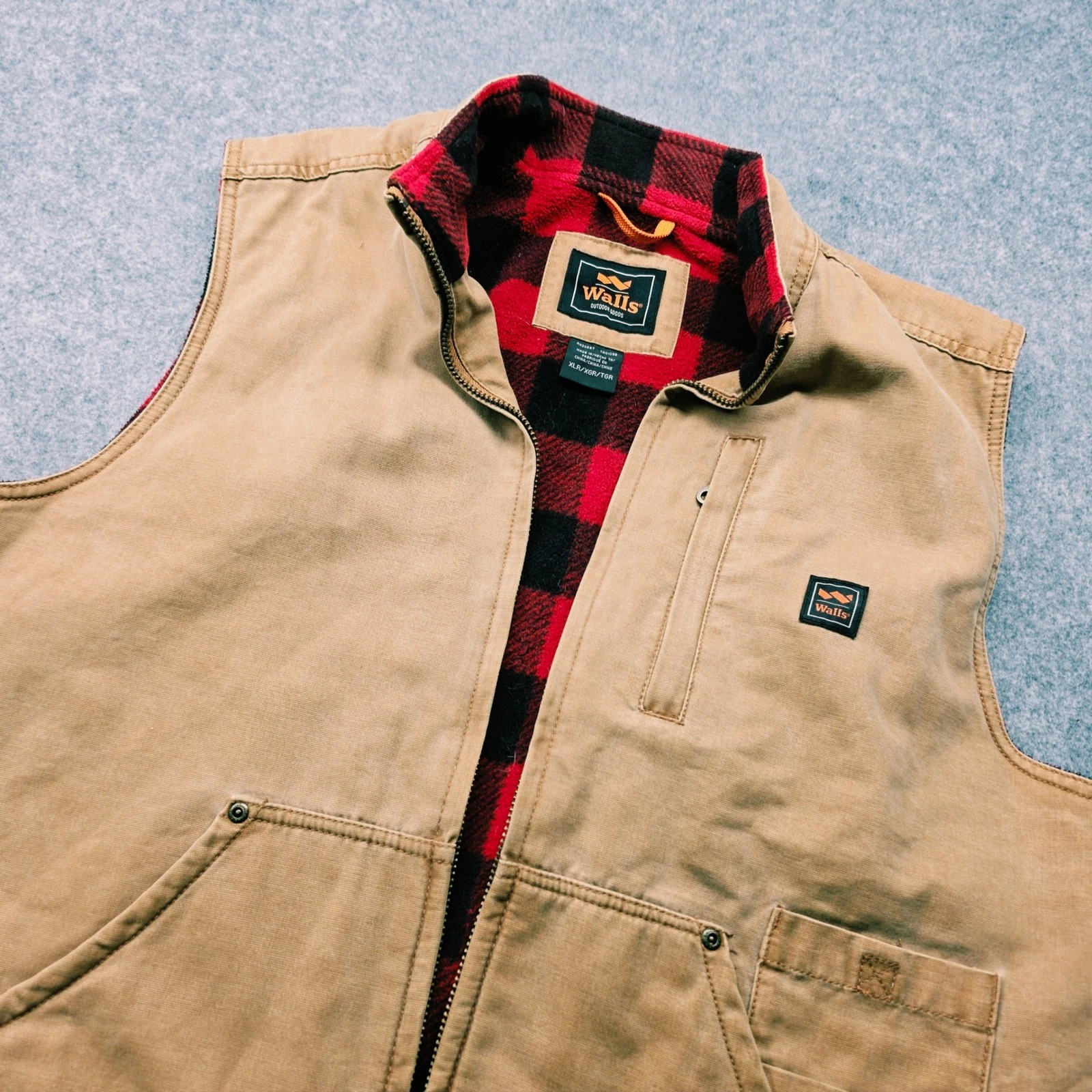 Walls Outdoor Goods Mens XL Canvas Work Vest Buffalo Plaid Fleece Lined Tan image 3