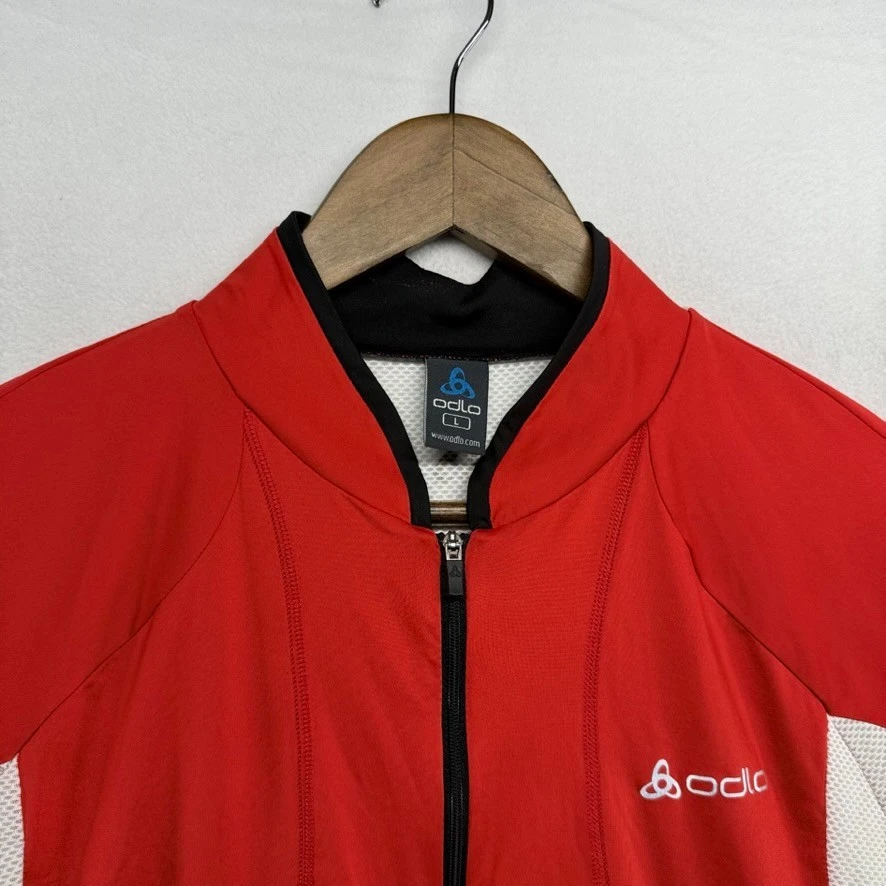 Camiseta deportiva de ciclismo Odlo para hombre grande roja blanca bolsillos de carreras cremallera completa entrenamiento Foto 3 de 4
