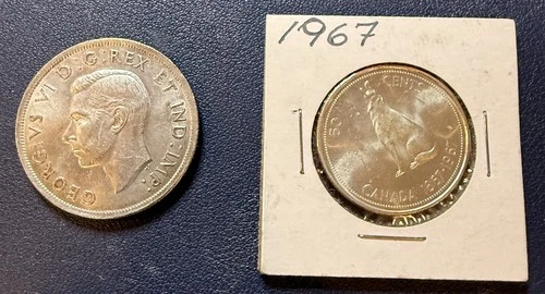 1937 Canada Silver One Dollar Coin & 1967 50 Cent Silver. Both BU. 2 Coin Lot A6