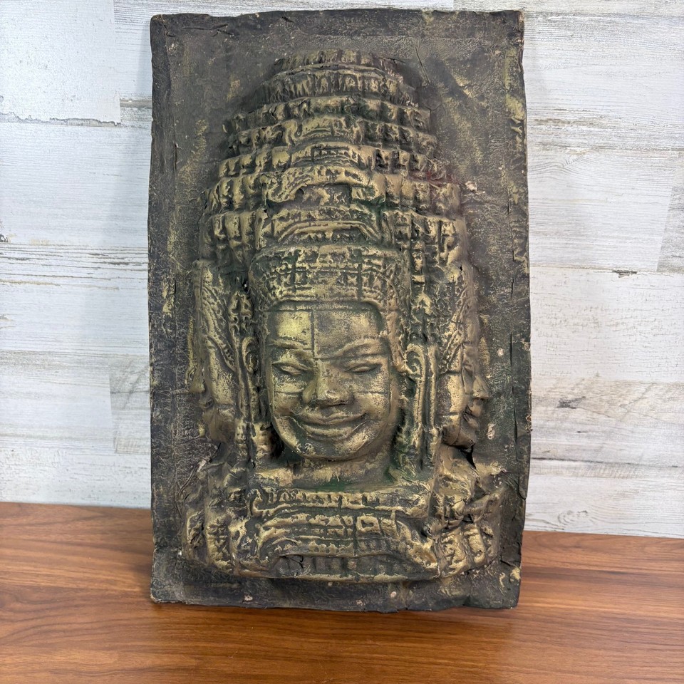 Vintage Bayon Temple in Cambodia Handmade papier-mâché Wall Art 19"x12"