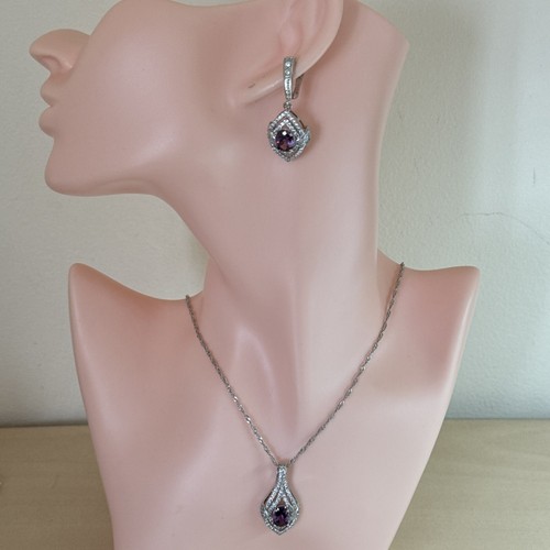 Plata Lab-Created Amatista Violeta/Colgante Topacio Collar Y Pendiente Set Caja