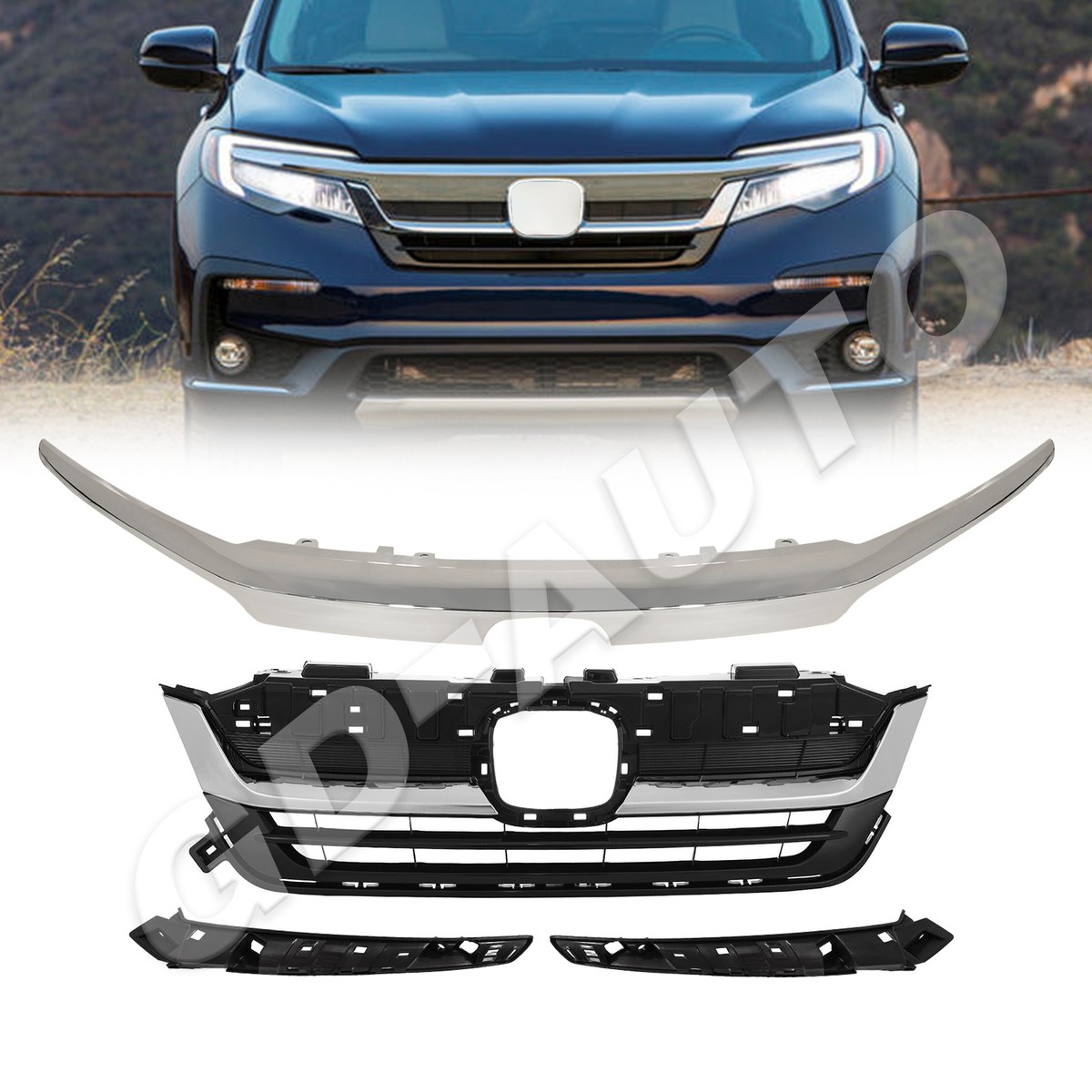 4PCS Front Bumper Grille For 2019-2022 Honda Pilot Grill w/ Chrome