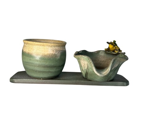 Handmade Pottery Frog Fountain And Planter Piece With Chinese Coin