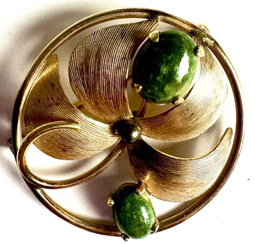 Spilla vintage Carl Art giada verde 1/20 oro 12 carati fiore pieno metà secolo firmata - Foto 4 di 7