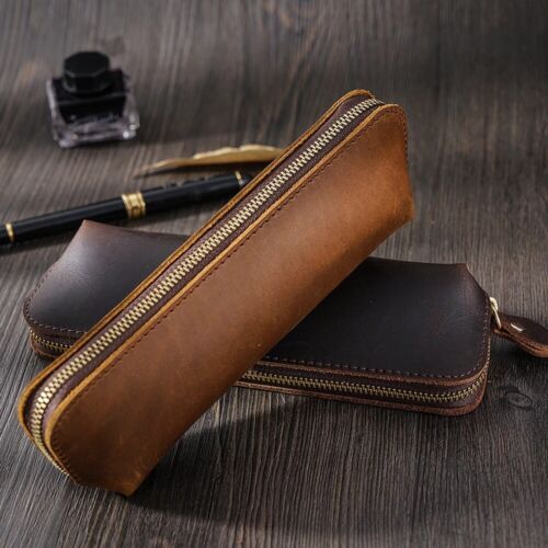 Handmade Cowhide Leather Zipper Pencil Case School Pen Stationery Storage Bag - Picture 1 of 19