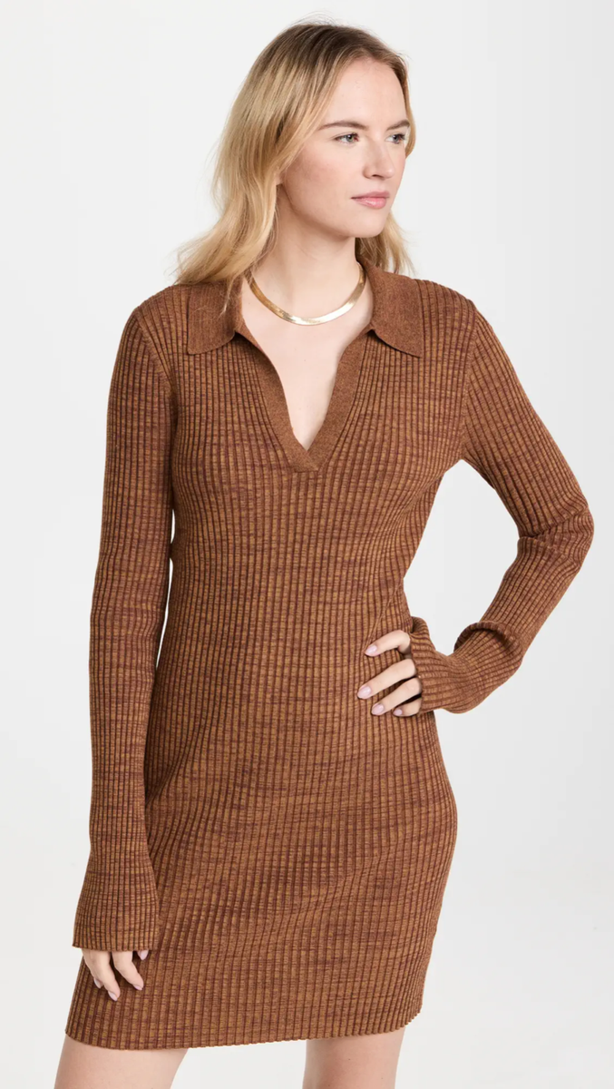helmut lang knit dress L Large Womens Pecan Marl Stretch Rib Mini Body Con $310 styleattribute-basic tops