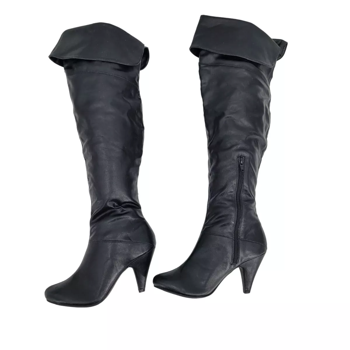 Vintage 90s Vegan Faux Leather Knee High Boots 7 Black Cuffed Heeled Pirate