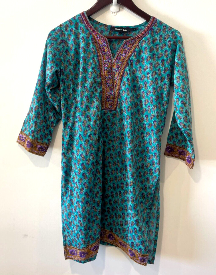 Sugar N Spice Blouse Womens Large Blue Purple Floral Tunic Half Sleeve V-Neck