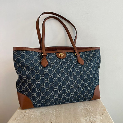 GUCCI Ophidia Jacquard Denim Tote Bag Italy Brown Leather Handbag Large Tan New