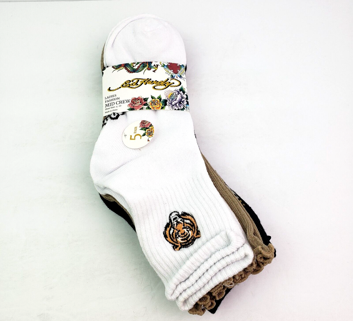 Ed Hardy Womens Size 4-10 White Beige Black Fashion Mid Crew Socks