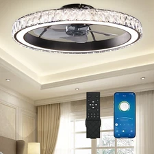 Low Profile Modern Crystal Chandelier Ceiling Fans with Lights and Remote, 3000K
