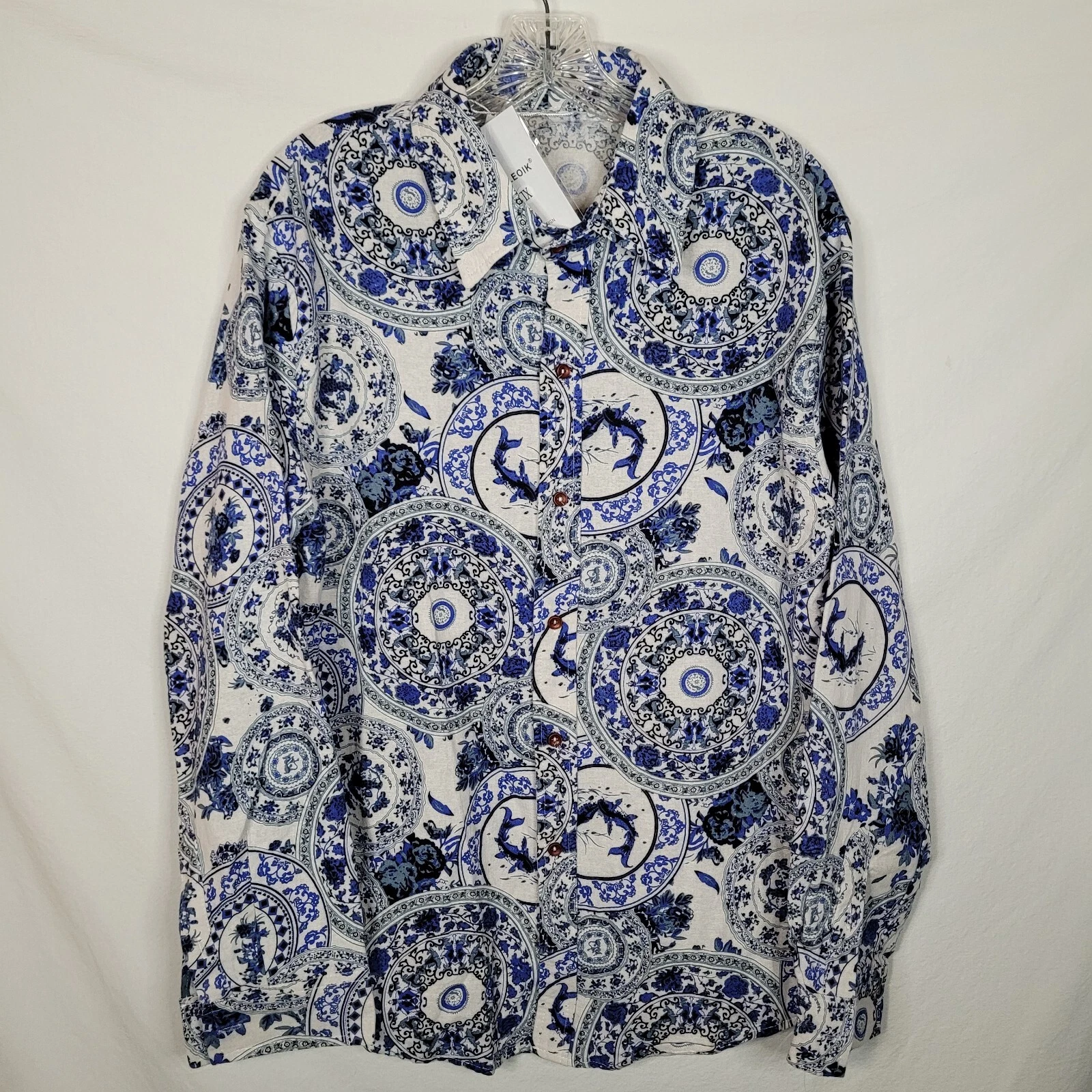 Mens Linen Shirt Blue Floral Long Sleeve Button Up Casual Tag is XL *READ* New