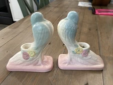 Hull Open Rose No. 117 Pink and Blue Dove Candlestick Holders