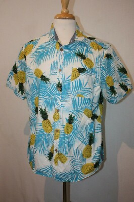 Burnside Sz L Hawaiian Bright Blue Floral Pineapples Cotton