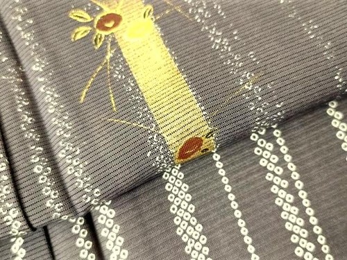 Kimono giapponese, SETA, kimono estivo,"RO"絽 "HOUMONGI", uno stemma, grigio, L 5' 5",.4591 - Foto 10 di 12